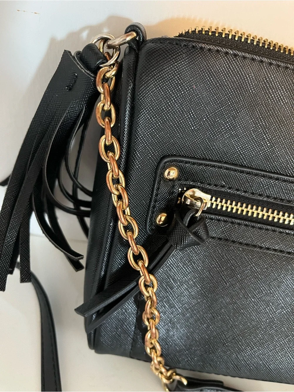 attention Black Crossbody Bag with Gold Chain and Tassel